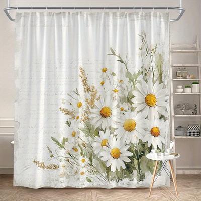 Antique Daisy Bouquet Shower Curtain - Floral Pattern with Vintage Paper Texture, White & Yellow Daisies, Polyester Fabric