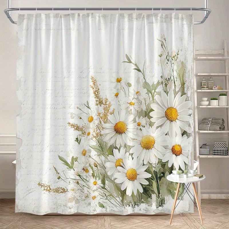 

Антикварная шторка для душа с букетом маргариток - Цветочный узор с текстурой винтажной бумаги, Белые и желтые маргаритки, Полиэстеровая ткань W90xH180cm