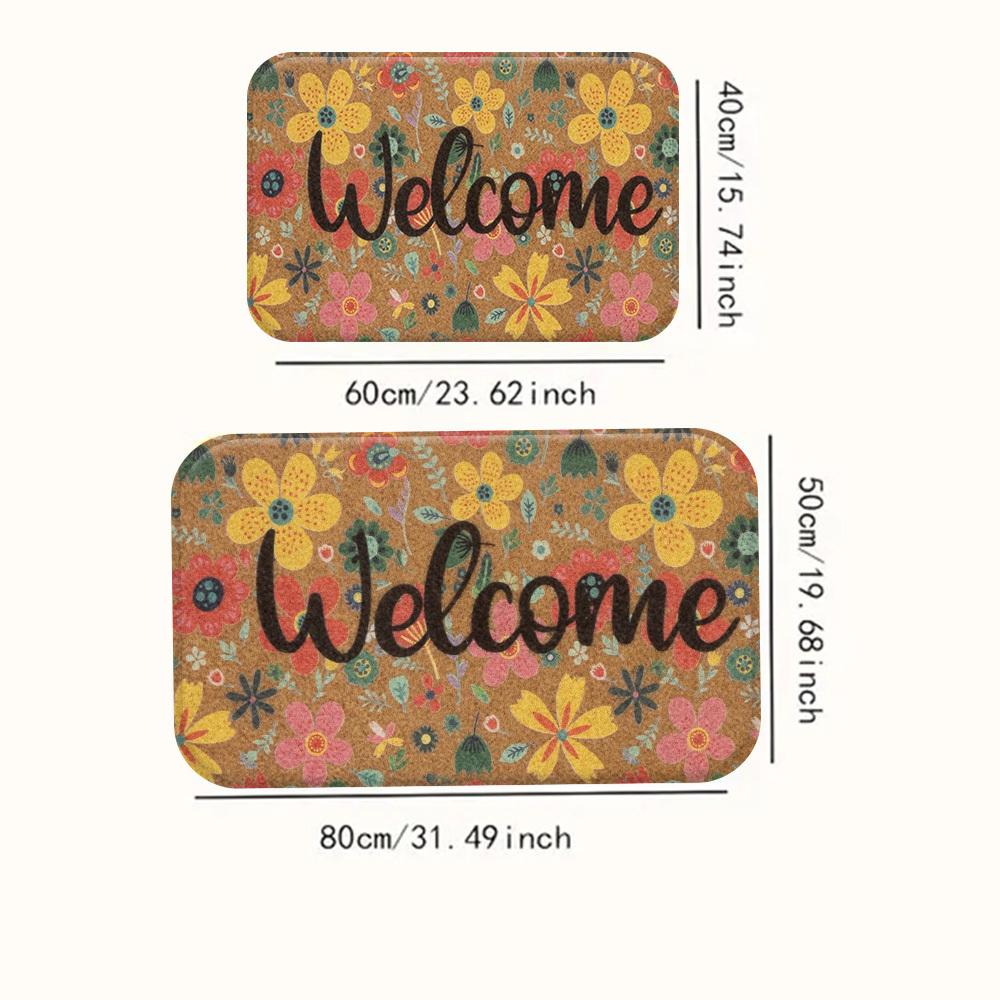 Floral Welcome Doormat Flannel Non-Slip Absorbent Rug Machine Washable for Living Room Bedroom Kitchen Bathroom