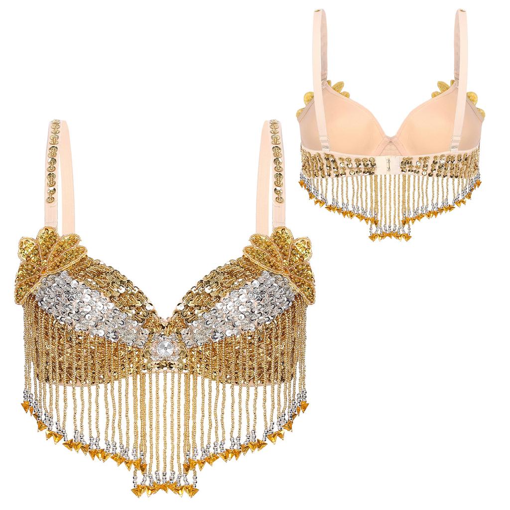 Womens Sparkly Sequins Belly Dance Tops Adjustable Straps Plastic Beaded Tassels Underwired Bra for Halloween Theme Party Stage Performance