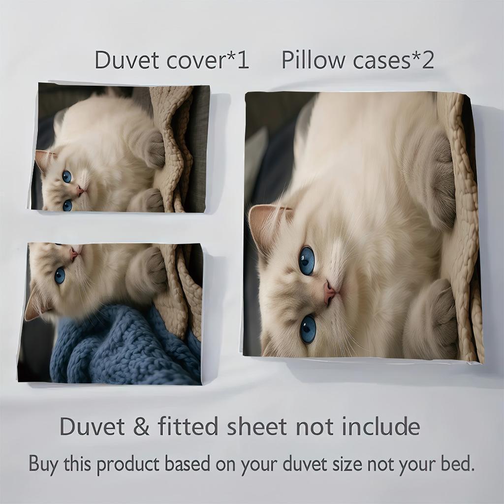 3pcs Cute Cartoon Kitten Printed Duvet Cover Set 1 Duvet Cover+2 Pillowcases Coreless Soft and Comfortable Machine Washable