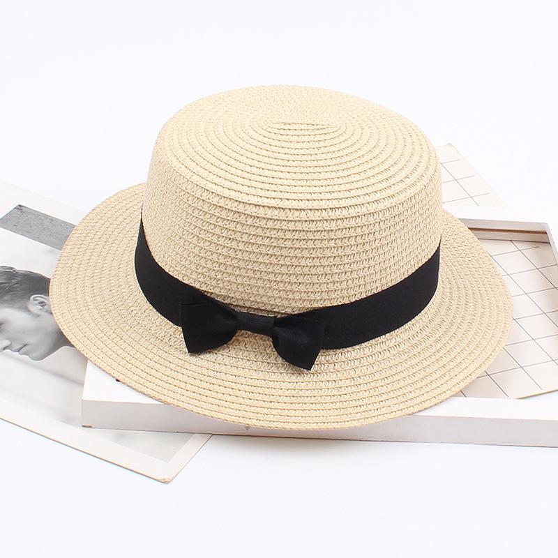 Korean Straw Hat - Retro Bow Flat Top Fedora for Spring & Summer Beach Days