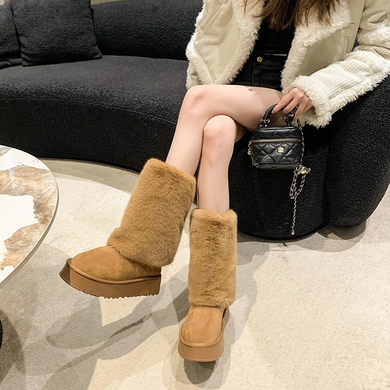 Fashion Ladies Shoes On Sale 2024 Fashion Sleeve Women Boots Winter Round Toe Suede Warm Solid Middle Tube Platform Boots Zapatos Mujer