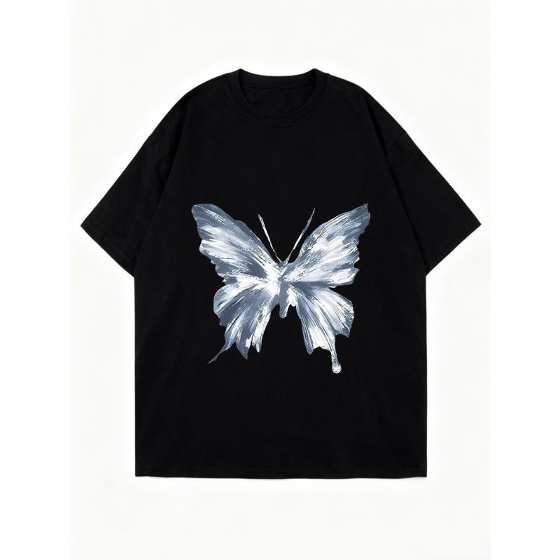 Oversized T Shirt Black Butterfly Print Women Casual Summer Top Streetwear Fashion Loose Fit Graphic Tee