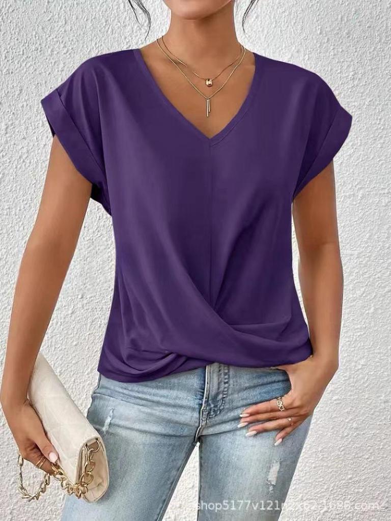 Elegant Solid Color V-neck Short-sleeve T-shirt for Women - Spring/Summer Collection