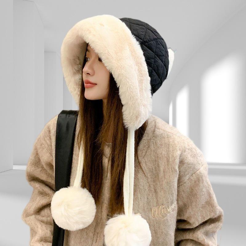Winter Women's Cute Korean Style Fleece-Lined Thickened Warm Plush Earflap Cold-Resistant Down Cycling Hat