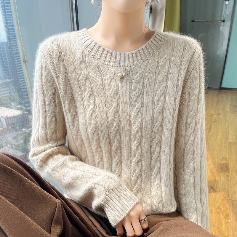 Autumn Winter Women's Thick Cashmere Round Neck Pullover - Retro Cable Knit Soft Sweater