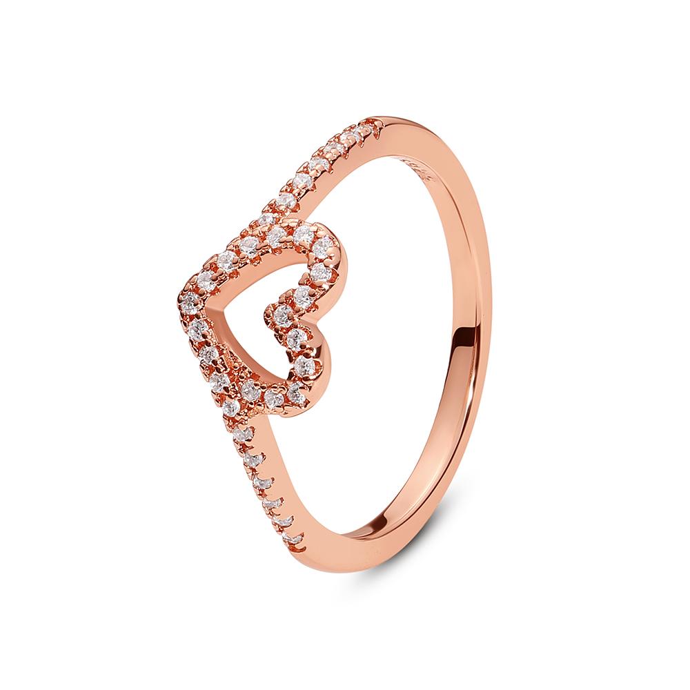 Original 925 Sterling Copper Ring Wishbone Love Heart Crystal Rose Gold Rings For Women Wedding Engagement Birthday Gift Zircon