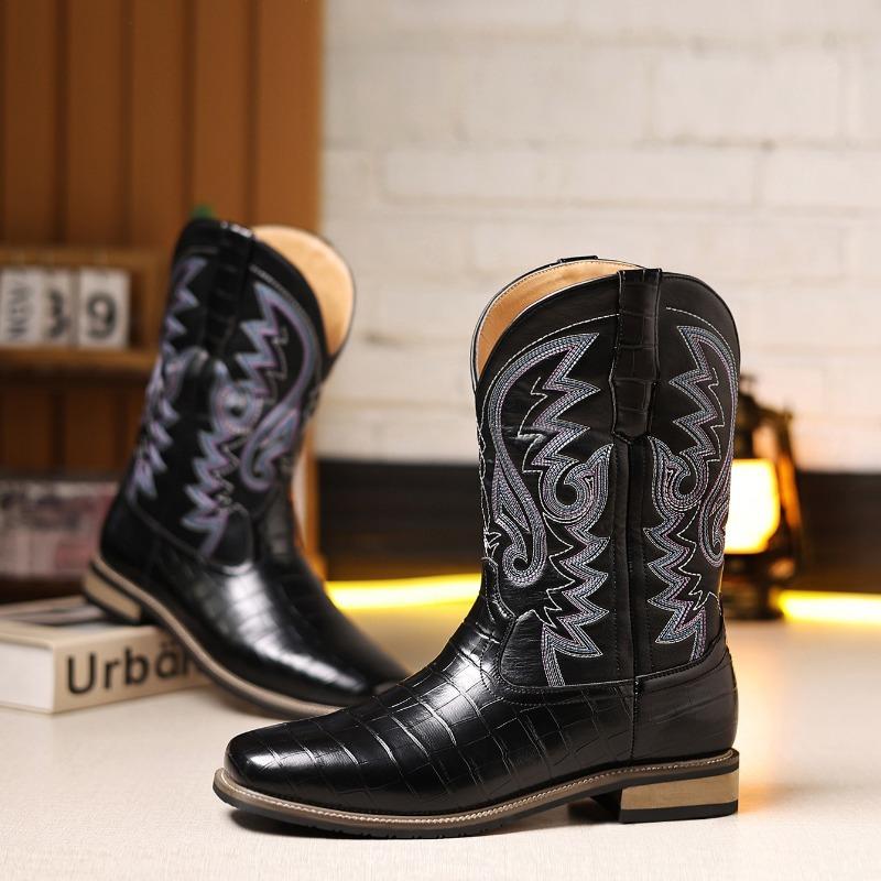 Luxury Handmade Embroidery Mens Boots Retro Western Cowboy Boots Outdoor Knight Boots for Men Mid-calf Leather Boot Botas Hombre