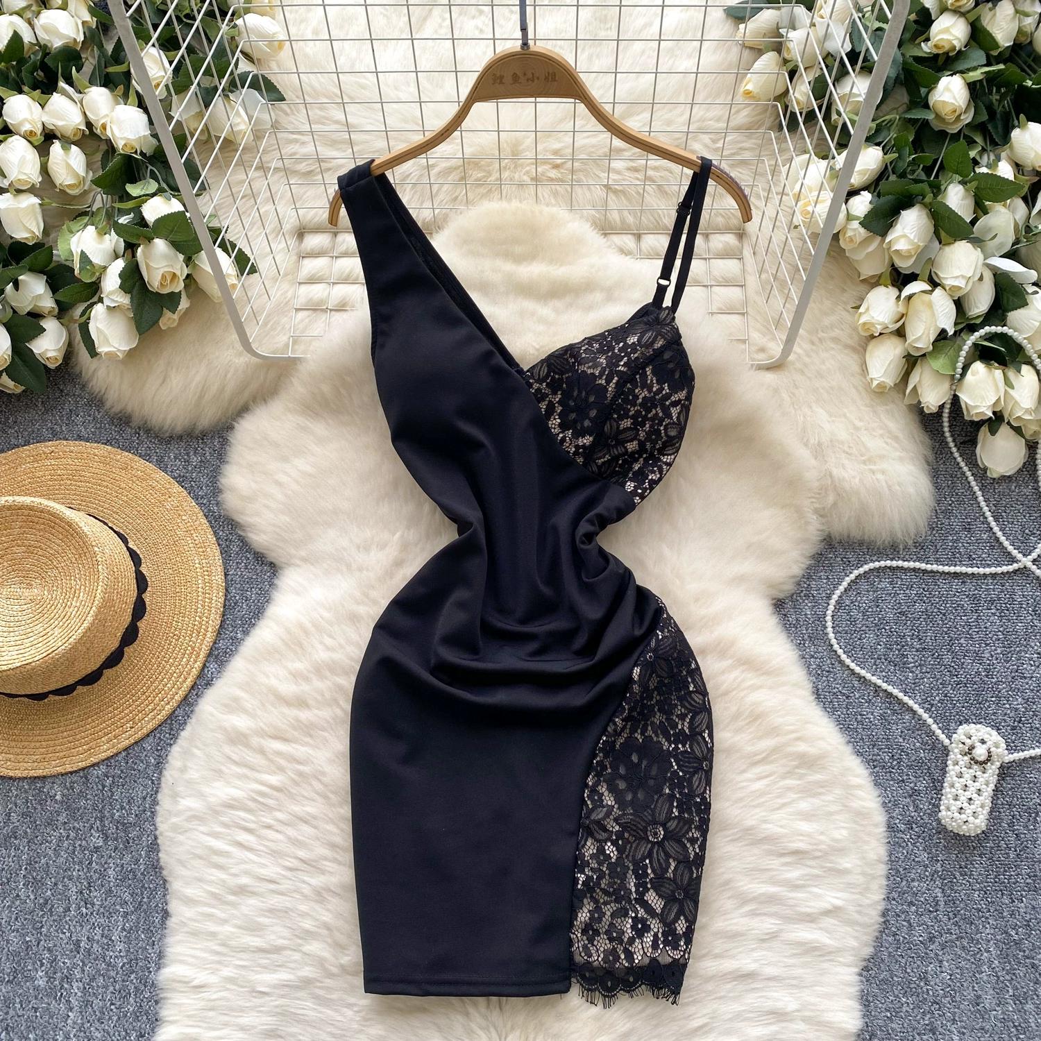 

Летние женские сексуальные V-образные вырезы на тонких бретельках с кружевом в стиле пэчворк, облегающие мини-короткие платья для клубных вечеринок M чёрный