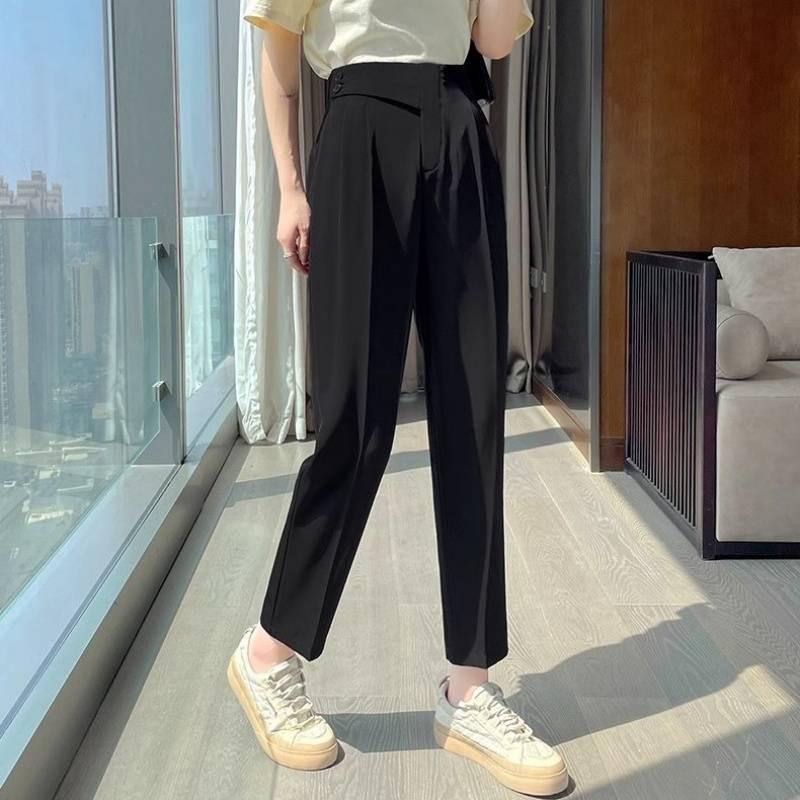 Women s High-Waisted Black Ice Silk Cropped Harem Pants – Slim Fit, Petite Size, Spring Collection M