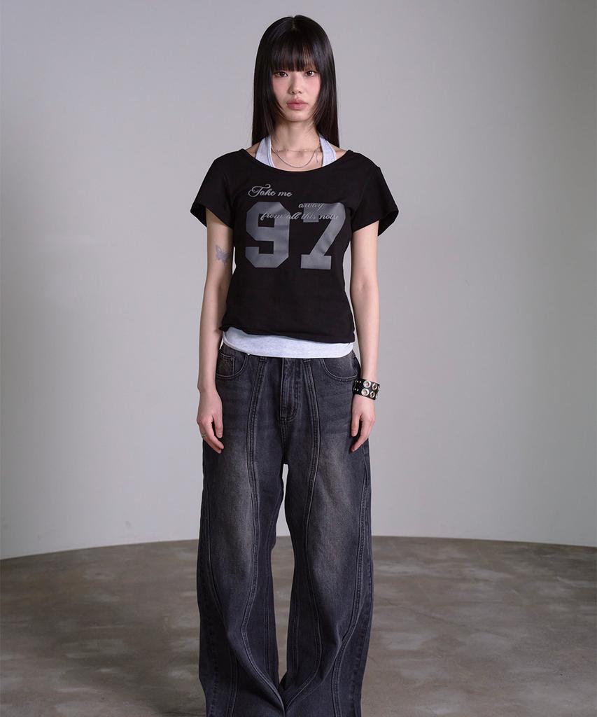 PRENDA 97 Curved Layered Graphic Top Black