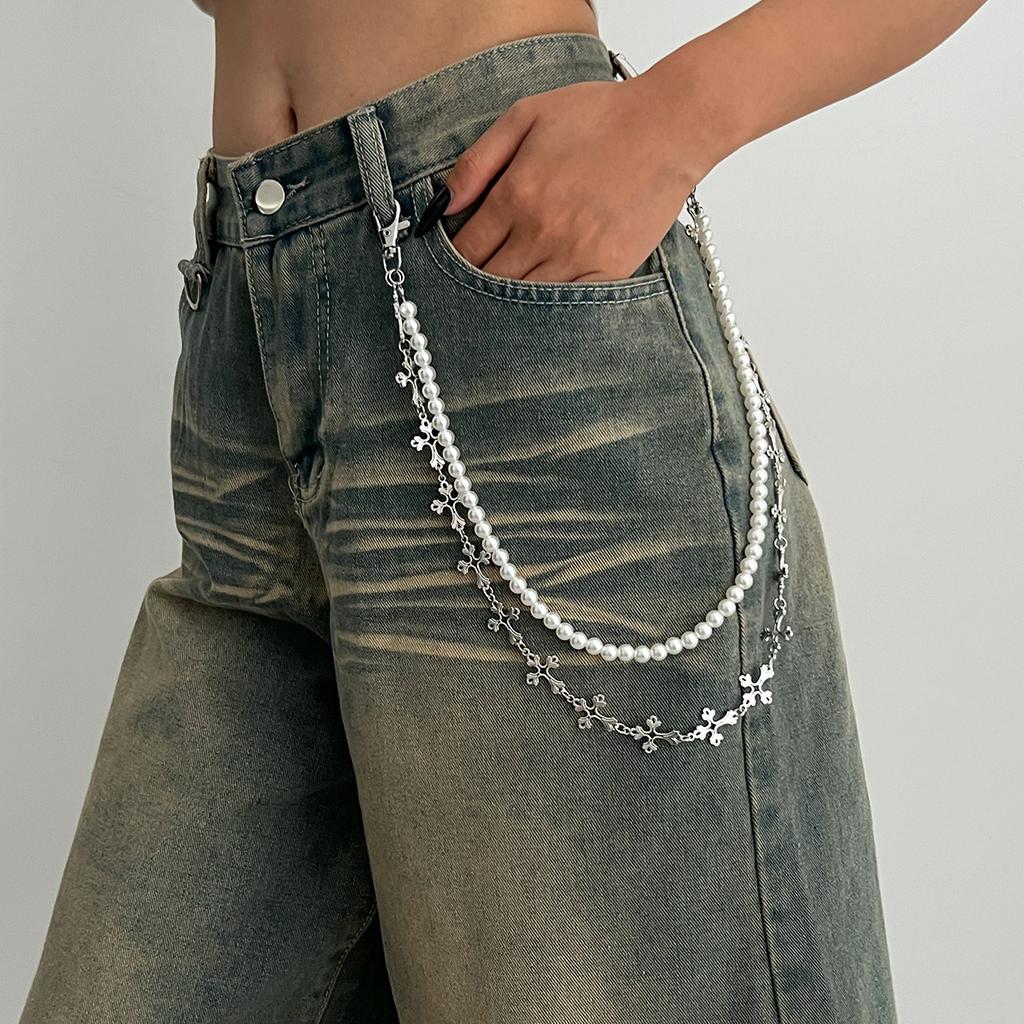Simple Jewelry Ins Imitation Pearl Beaded Multi-layer Waist, Sweet and Cool Spice Girl Cross Pendant Trouser Chain