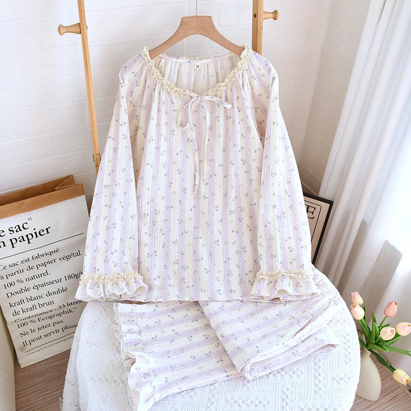 New Women's Pajamas Spring and Autumn Cotton Double-layer Gauze Flower Long-sleeved Sweet Floral Thin Loungewear Set