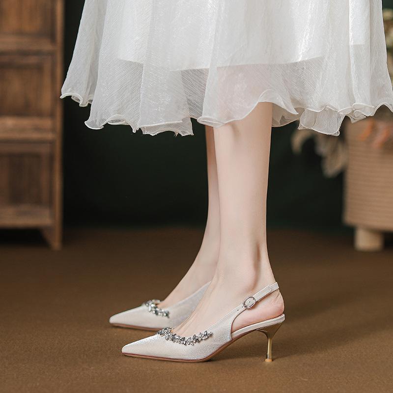 2025 new summer temperament high heels French thin heel pointed word beautiful bag head sandals rhinestone women's shoes