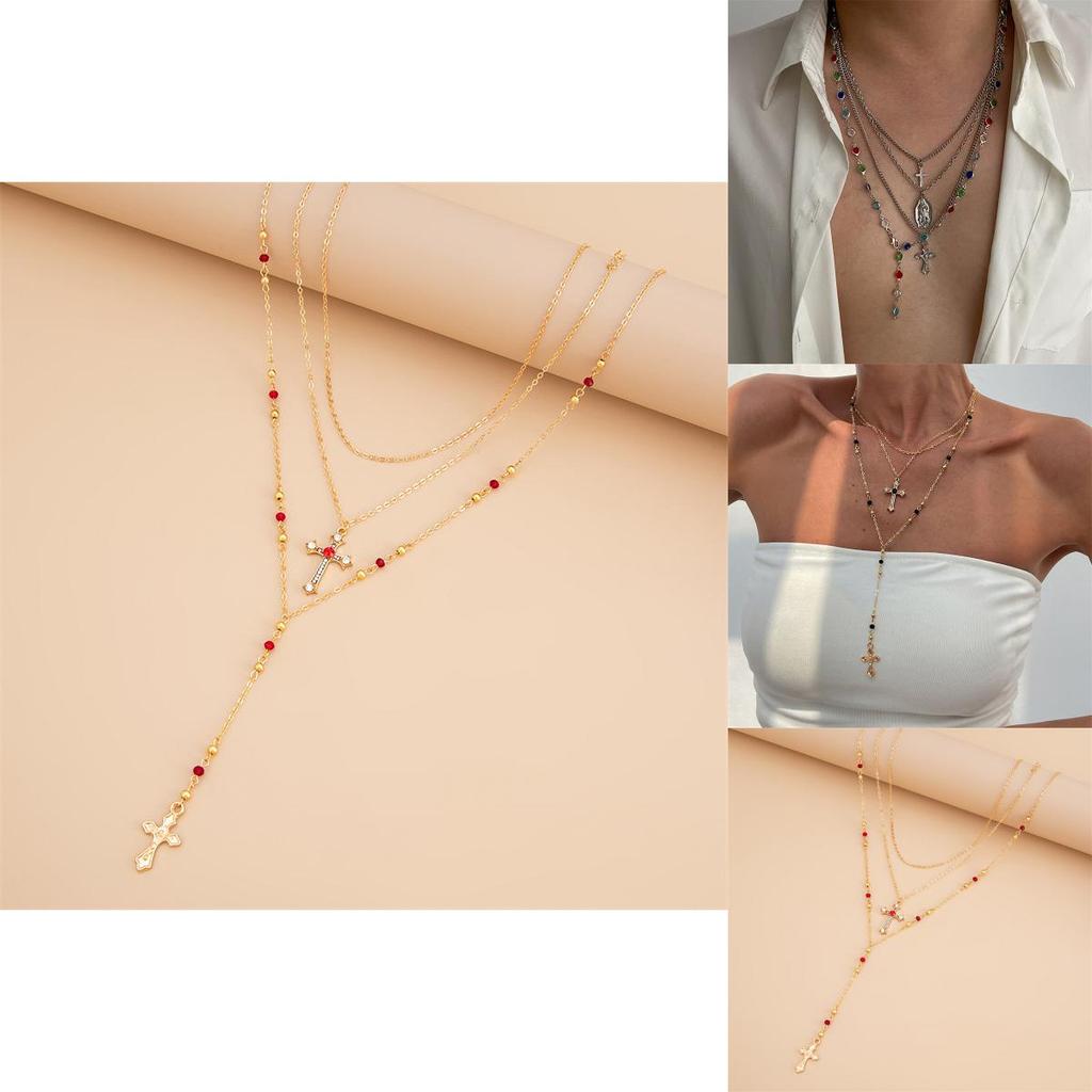 Cross Pendant Necklace For Women With Layered Y Design And Fringes