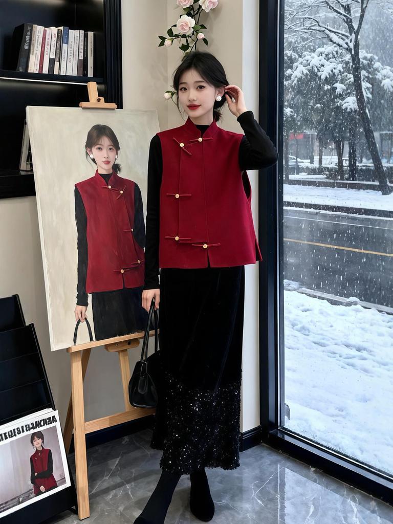 Damen Set Herbst/Winter 2025 Chinesischer Nationalstil: Froschknopf-Weste, Langarm-Oberteil und Rock