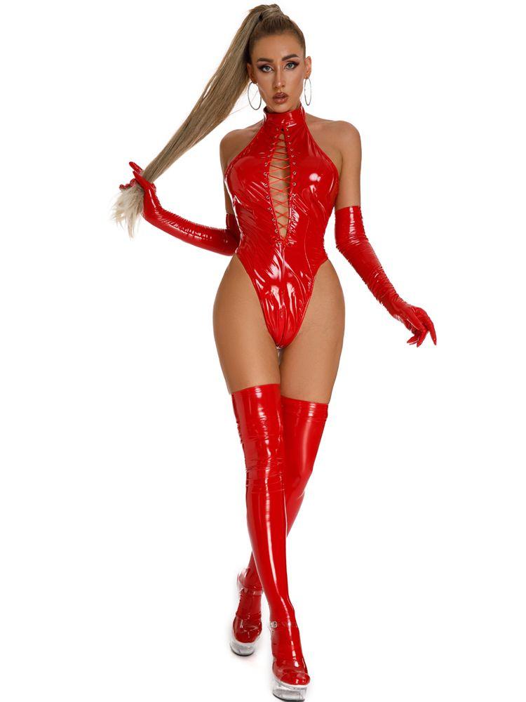 Halter Sleeveless Wet Look Pvc Catsuit Zipper Open Crotch Bodysuit Bandage Hollow Out Bust Swimsuit Tights Hot Sexy Body Teddies