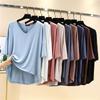 Women's Summer Thin Modal V-neck Bottom Shirt Half  Sleeve T-shirt Large Loose Versatile Medium Sleeve Top