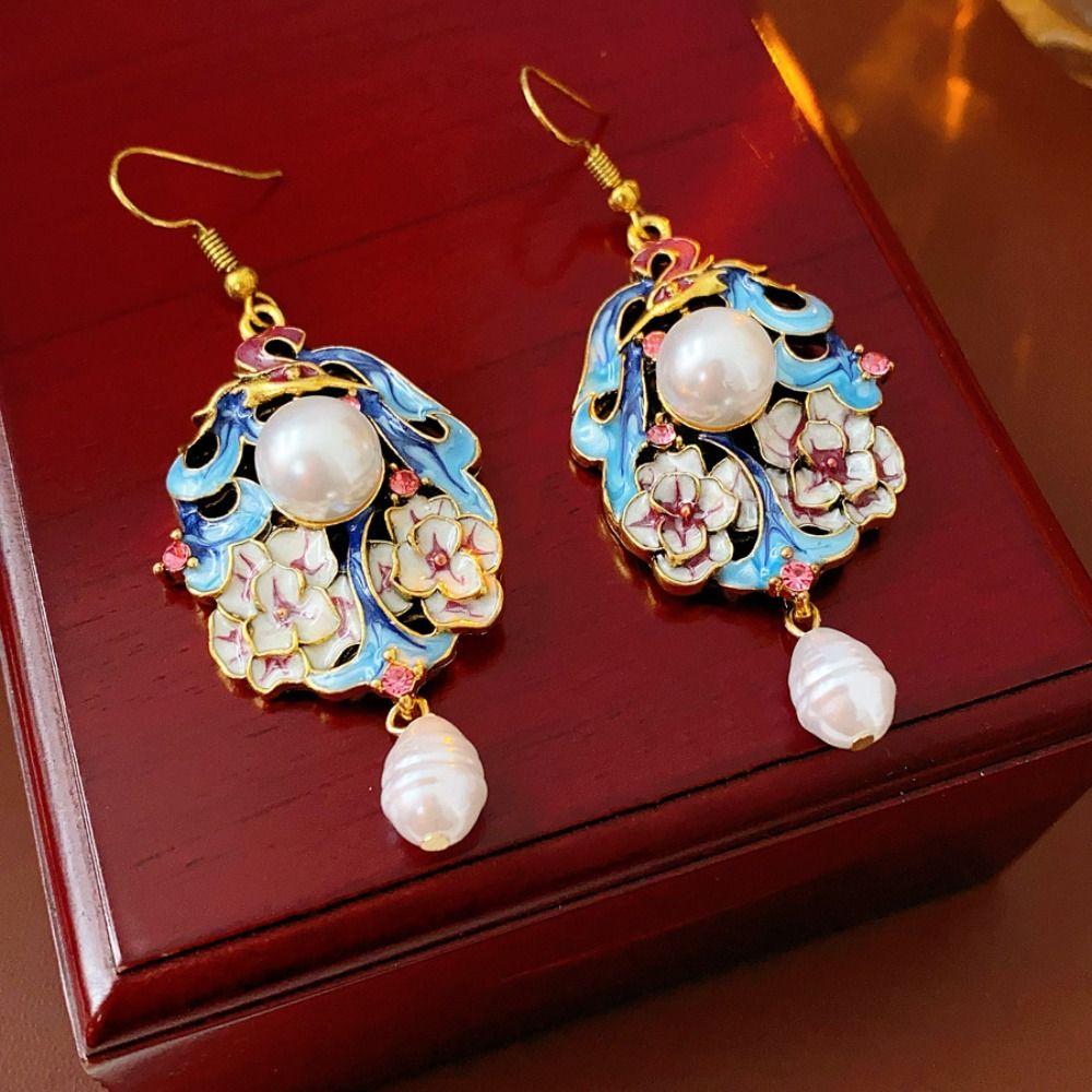 Flower Vintage Earrings Pearl Pendant Chinese Style Earrings Fashion Cloisonne Drop Earrings  Hanfu