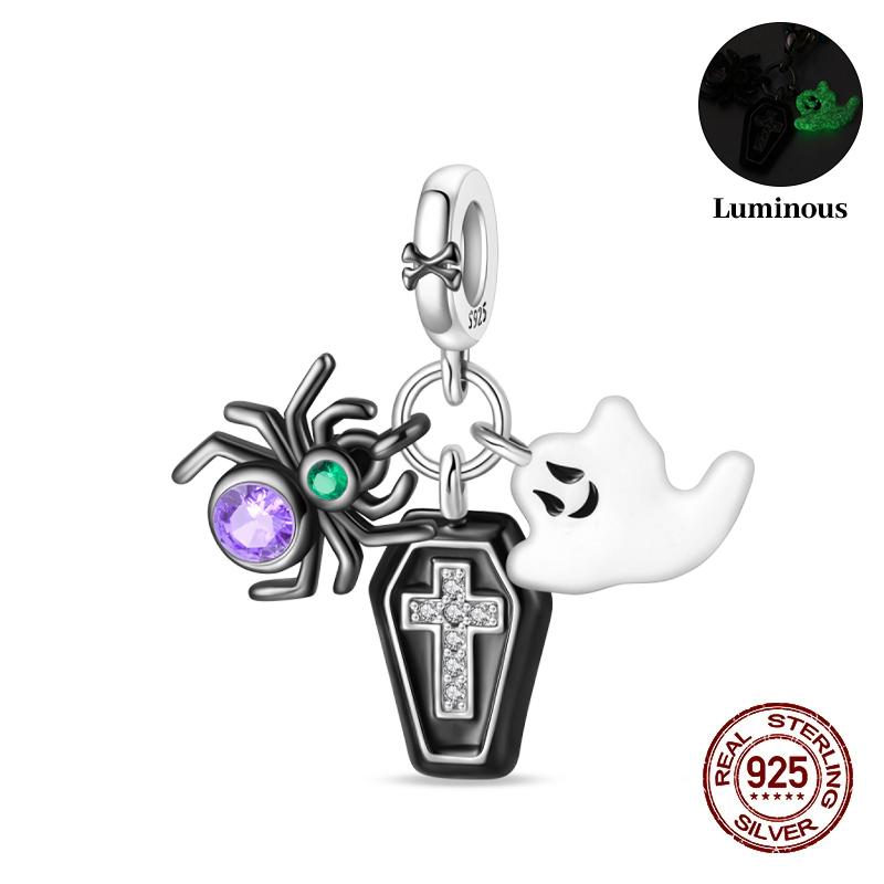 New 925 Silver Luminous Halloween Skull Witch Pumpkin Candy Charms Beads Fit 3mm Original Bracelets Party Jewelry