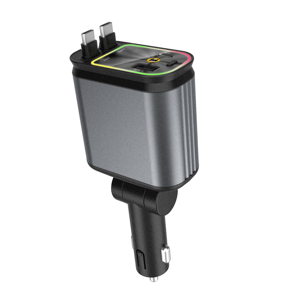 4 In 1 Car Charging Adapter with Star Projector Light Retractable Cable Double USB C & USB A Fast Car Charger for Phone