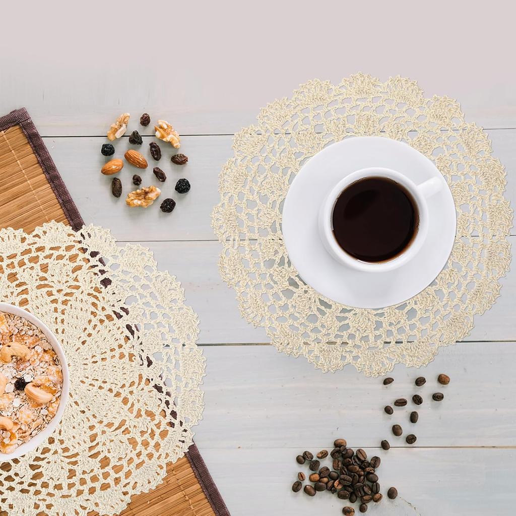 Crochet Doilies for Tables, 2 Pcs Beige Round Doilies for Furniture Vintage Handmade Lace Placemats Corrugated Edge Knitted Tablecloth for Home