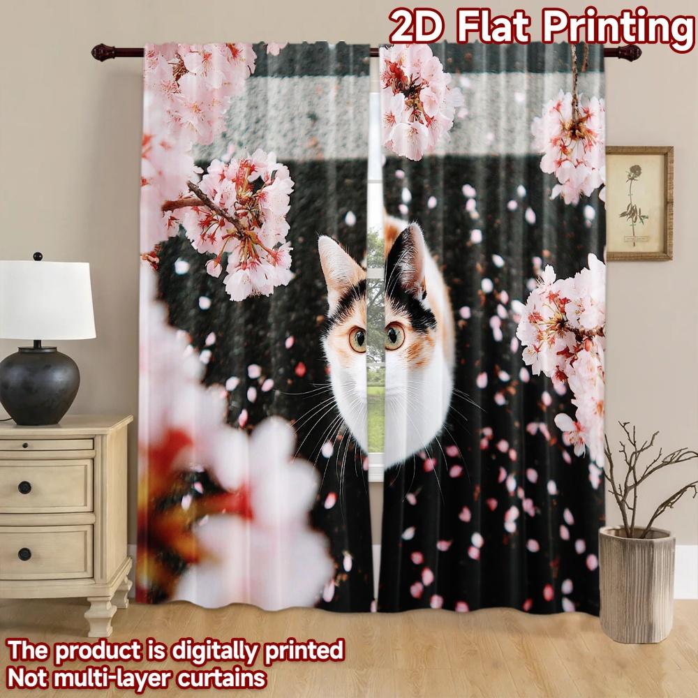 2D flat printing 2pcs Curtains Cat Cherry Blossoms Petals Digital Printed Polyester Drapes Family Party Decoration for Photo