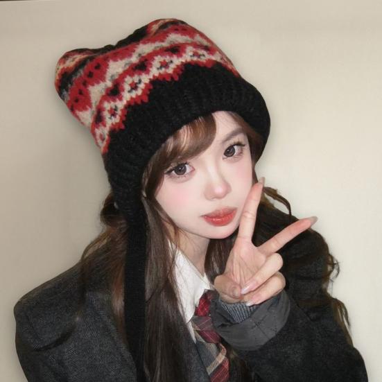 Chapéu Feminino Outono Inverno Gorro Quente Japonês Malha Chapéu Boné de Pelo À Prova de Vento Grosso Proteção de Orelhas Gravata Pulôver Gorro Bonnet