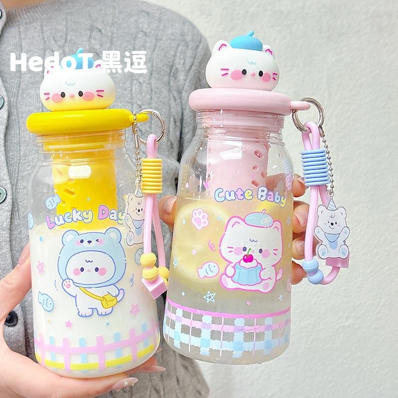 Water bottle kitten water cup plastic cup student portable straw cup summer high value large capacity girl cute straw cup