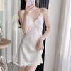 Summer ice silk new solid color pajamas with chest pads lace cross lace suspender nightdress thin sexy loungewear