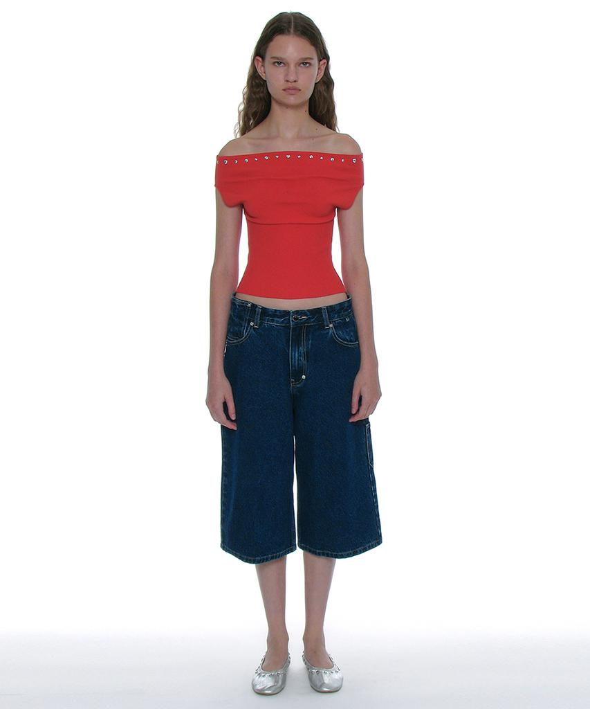 PARTIMENTO WOMEN Studded Off-Shoulder Knit Top_Red