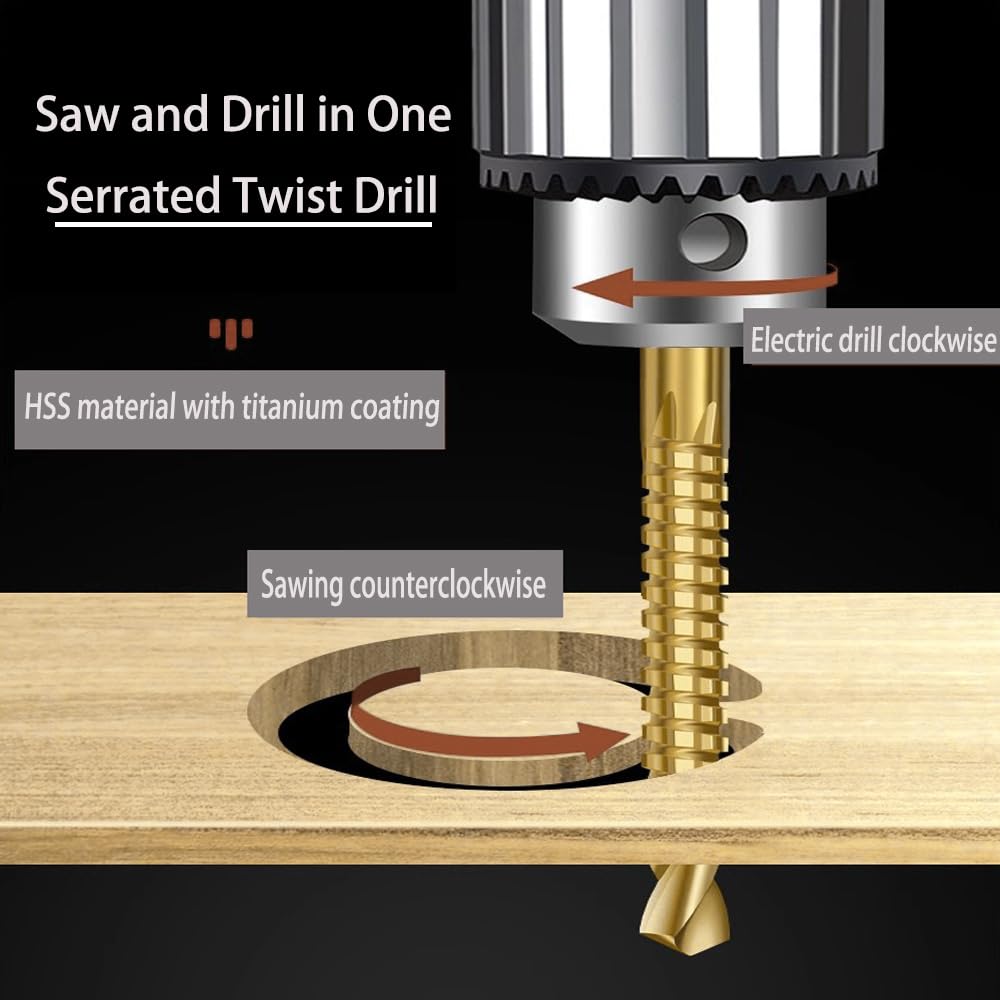 Titanium Coated HSS Twist Drill Bits Serrated Side Cutting Drill Bit Woodworking Electric Opening Hole Tools Saw Drill Set