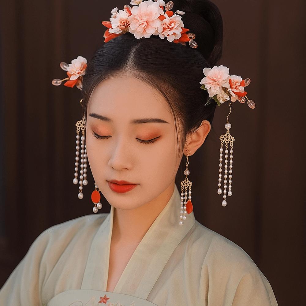 Tassel Hanfu Hair Stick Earring Flower Hair Comb Chinese Style Hairpin Set  Girl Hair Accessories