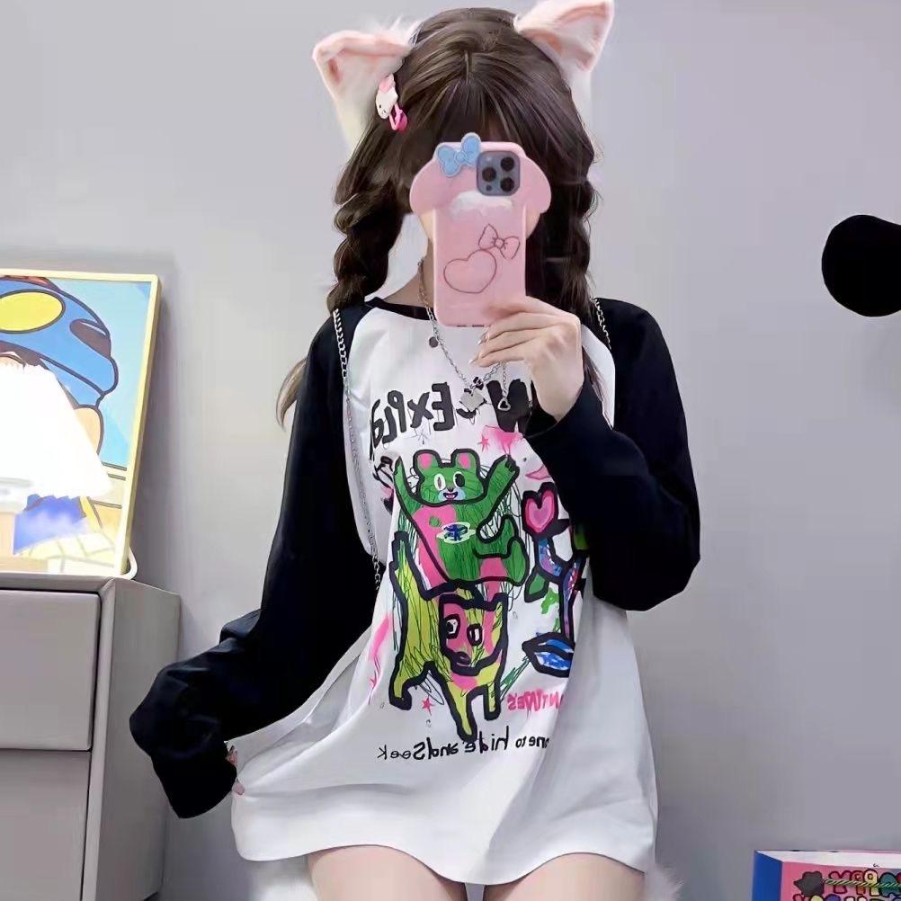 

Японский стиль, кавайные графические футболки, женская футболка с длинными рукавами и рисунком аниме, милая осенняя одежда с круглым вырезом, шикарная одежда