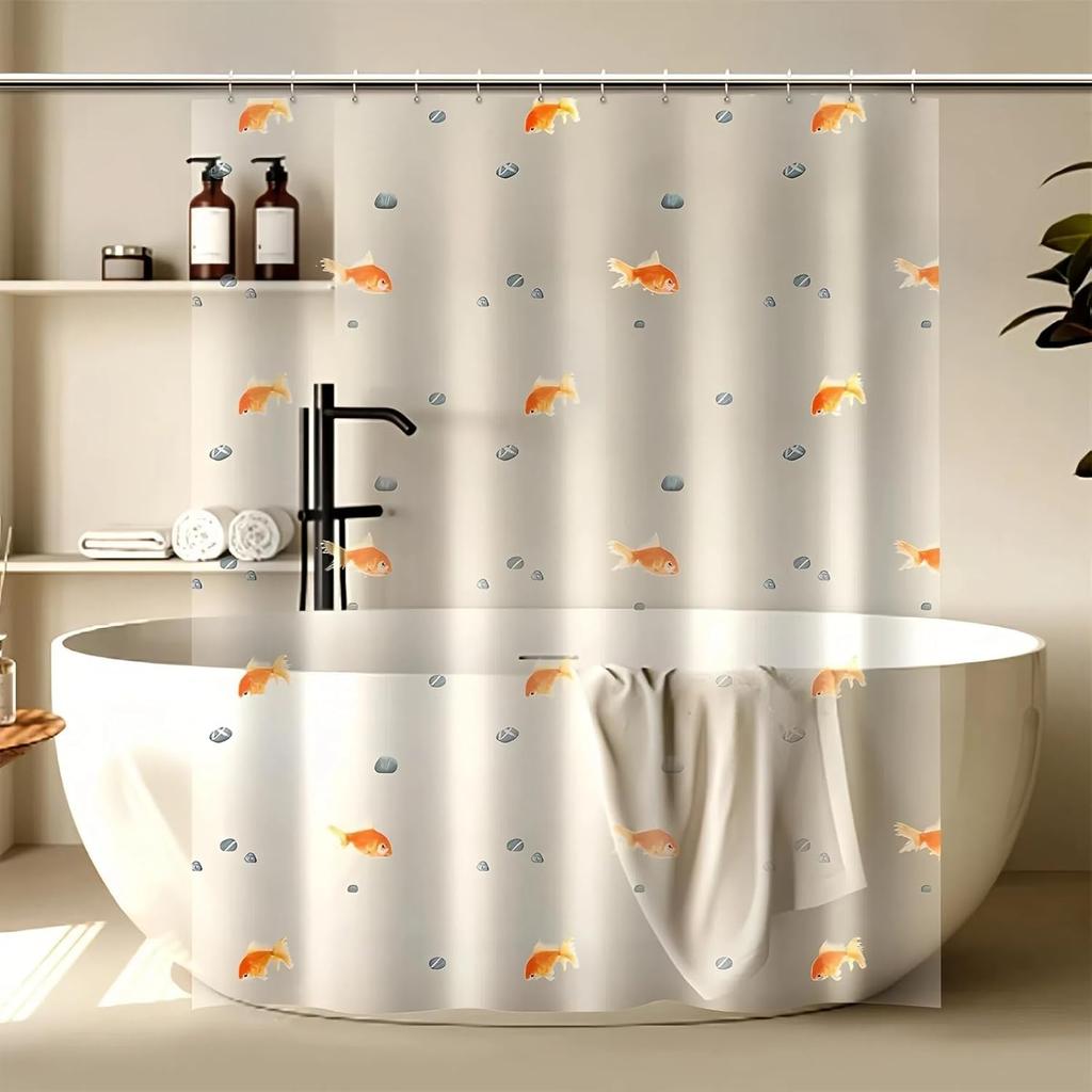 Hochwertiger PEVA Goldfisch Duschvorhang - Transparente Badezimmerdekoration mit Orangen Fischen und Stein-Design, Inklusive 12 Haken