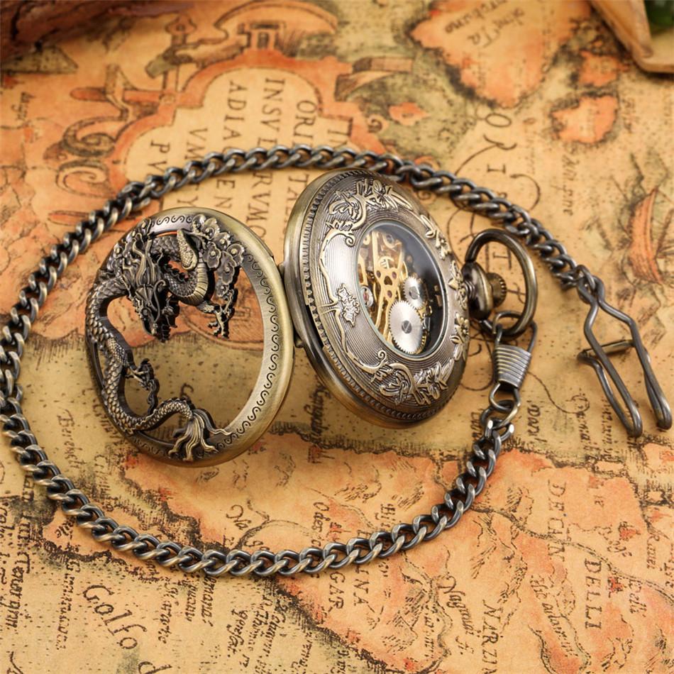 Bronze Hollow Dragon Display Half Hunter Mechanical Pocket Watch Cool Antique Pendant Manual Mechanism Pocket Clock Gift Male