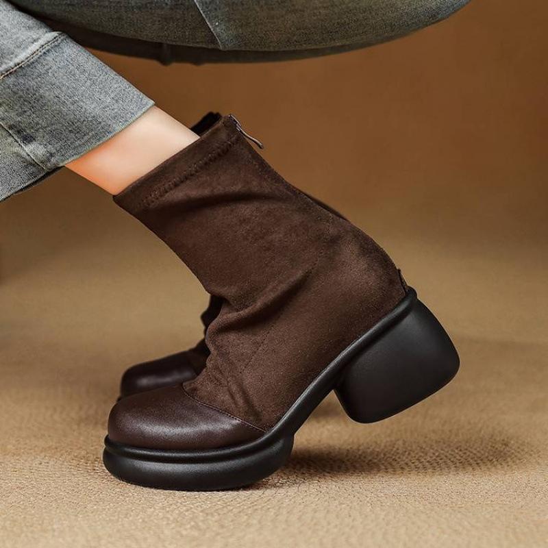 Korean Round Head Elastic Suede Fashion Boots Women's Thick-soled Medium Heel Large Size Women's Boots Rear Zipper Autumn and Winter Mid-tube Boots