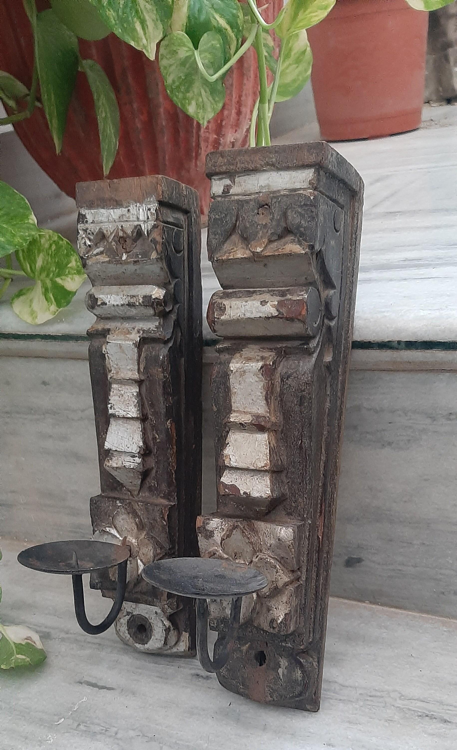 

Antique Hand Carved Wooden Candlestick Holder with Iron Hooks 16” X 8” X 24” (l x w x h) разноцветный