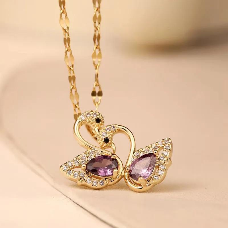 Luxury Brand Purple Crystal Swan Pendant Necklace for Women Charm Fashion Stainless Steel Bride Collar Jewelry Gift Colorfast