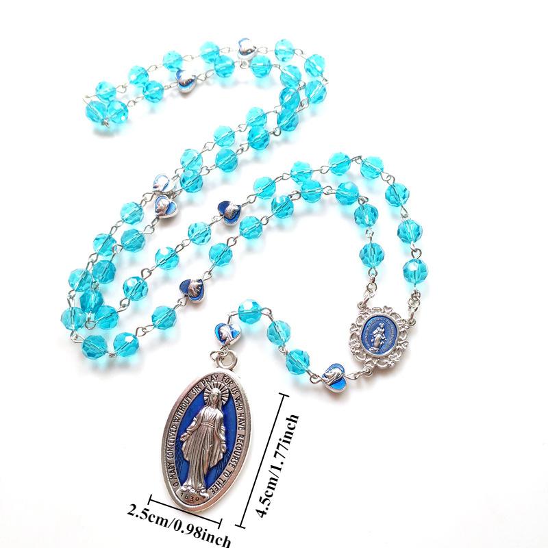1PC Blue Crystal Rosary Virgin Pendant Necklace for Men Women Religious Jewelry