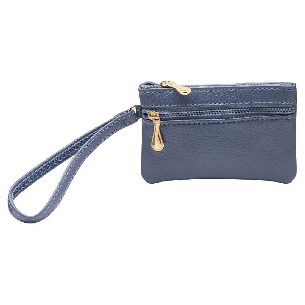 Çift fermuarlı ve düz renkli, modaya uygun PU bozuk para saklama çantası, kadınlar için hafif ve küçük kart çantası