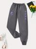 Purple Flower Letter Print Casual Versatile Women Pant Fashion Trendy Hip Hop Trousers With Drawstring Pockets Sweatpants Female