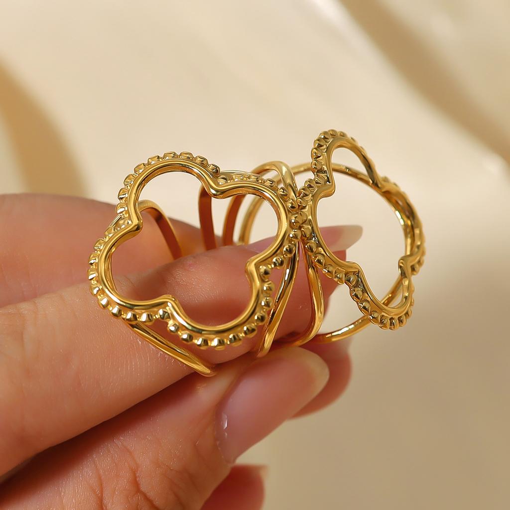 Fashion Gold-Plated Stainless Steel Open Ring, Women'S Four-Leaf Clover Hollow Design, Index Finger Ring, Titanium Steel Does Not Fade