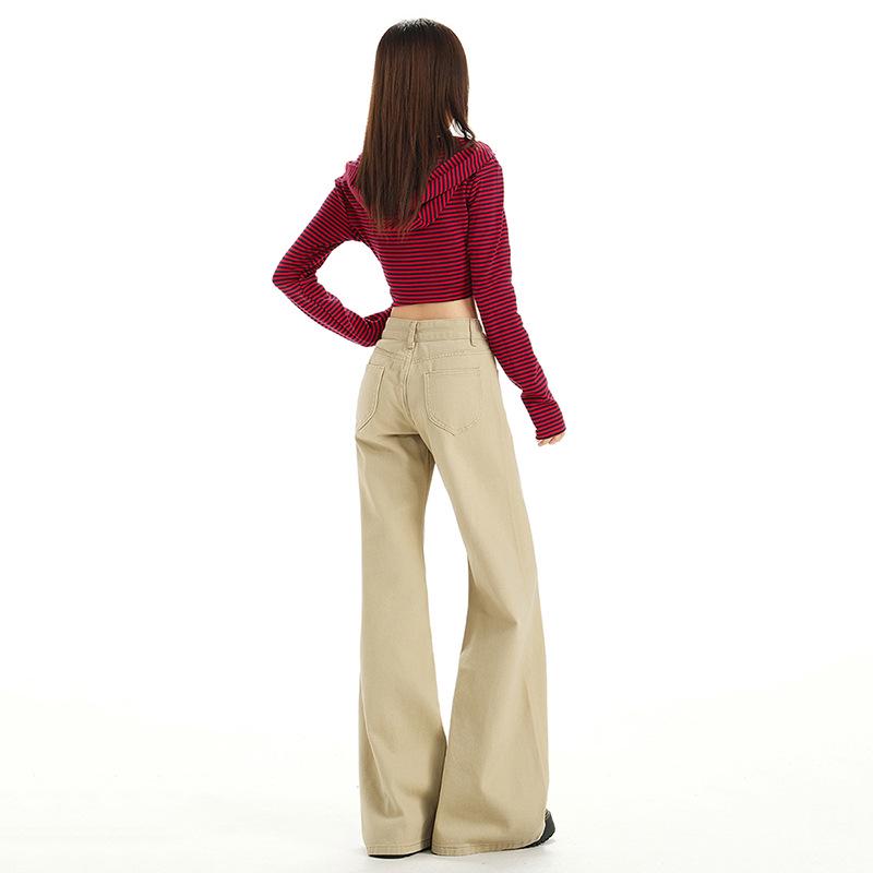 Damen Khaki Micro-Flared Jeans: Locker, Figurbetont, Gerades Bein, High Street Style für den Herbst