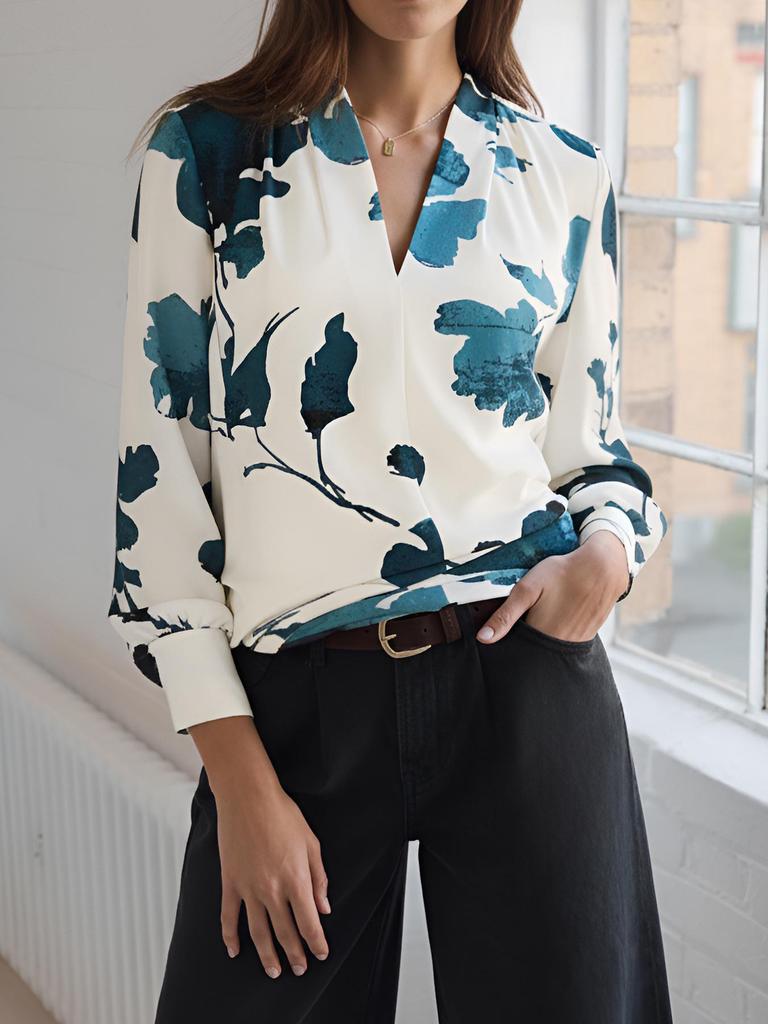 Elegant V-Neck Long-Sleeve Women's Shirt with Floral Print