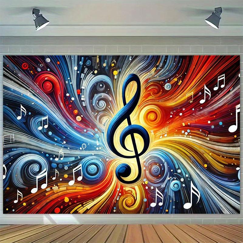 2D plane, energetic music-themed background cloth, high-pitch symbols and rotating musical symbols, polyester fiber 100x150cm