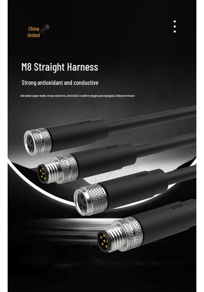 Standard Waterproof M8 Aviation Plug: Unshielded Connector with Straight Wiring Harness and Cable