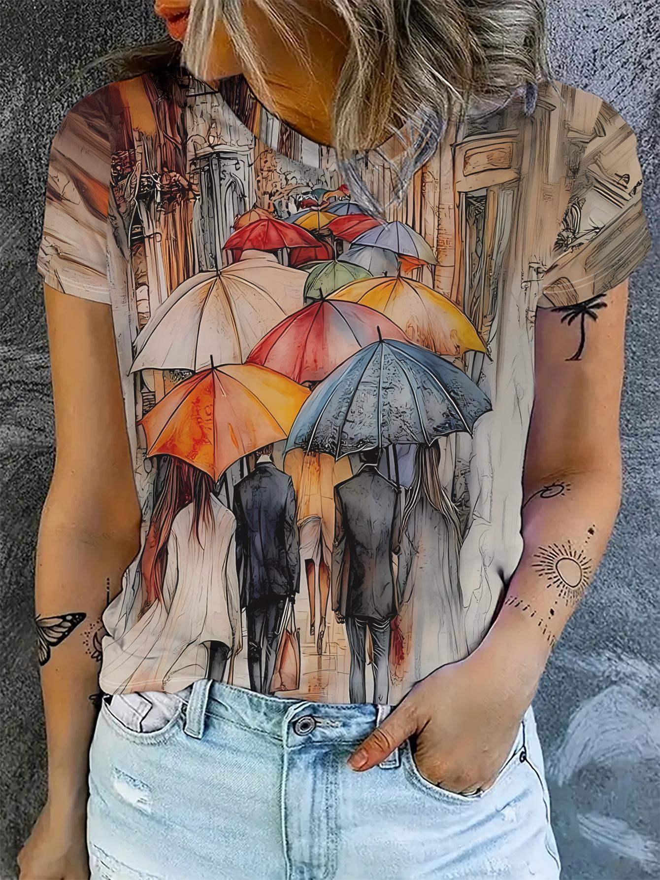 

Women s T-shirt with colorful umbrellas and pedestrians printed on the back, with a European street as the background 4XL