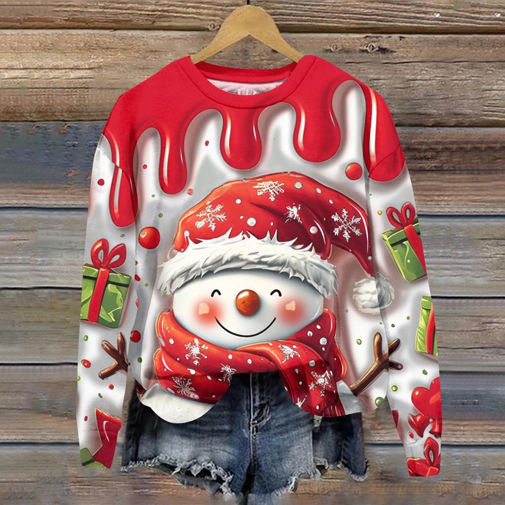 Ladies' Christmas Printed Long Sleeved Round Neck Hoodie Loose Top